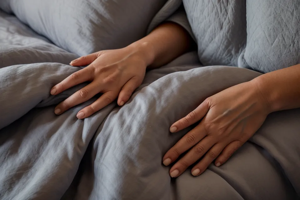 Gros plan sur des mains détendues posées sur une couette moelleuse le soir