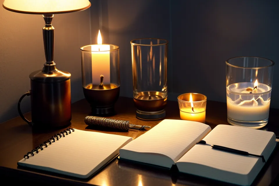Table de chevet avec un carnet de notes et une bougie pour un rituel du soir