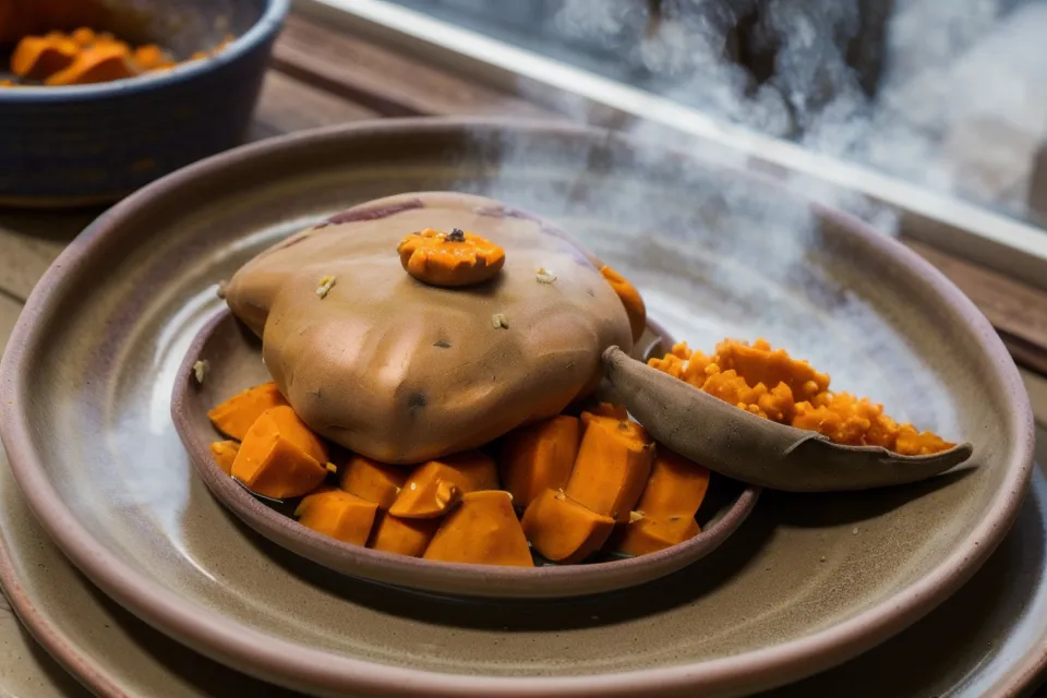 Gros plan d'un dîner léger composé de patate douce et de volaille sur une assiette artisanale.