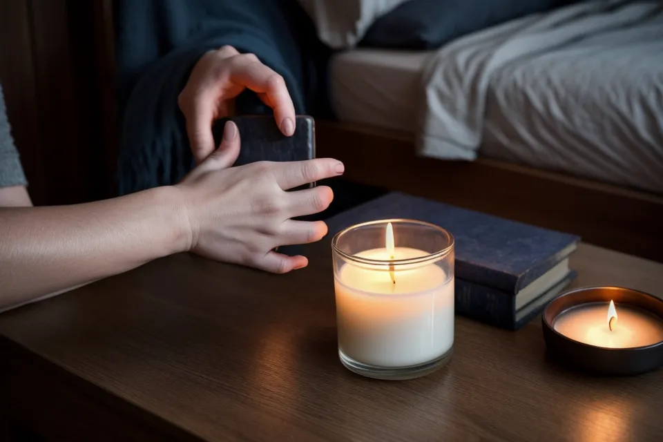 Mains posées près d'un coffret de méditation dans la pénombre d'un soir calme.