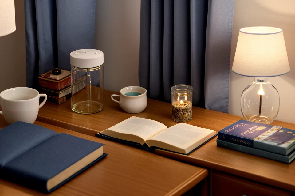 Table de chevet avec huiles essentielles et accessoires de sommeil sous une lumière douce.