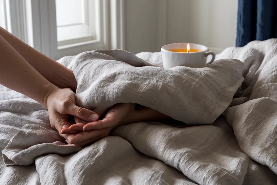 Mains posées calmement sur une couette en lin dans une chambre sombre et apaisante.
