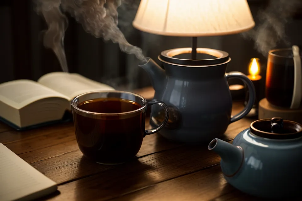 Une tasse de tisane et un carnet sur une table en bois le soir