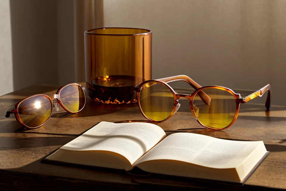 Paire de lunettes de protection contre la lumière bleue posée sur une table de nuit.