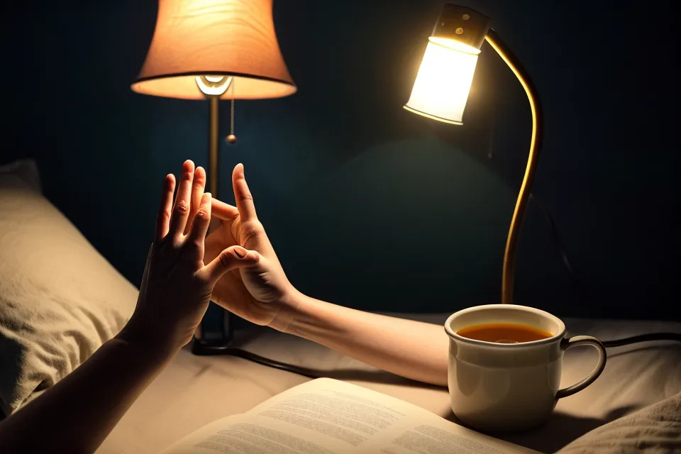 Main éteignant une lampe d'appoint à lumière chaude pour préparer le sommeil.