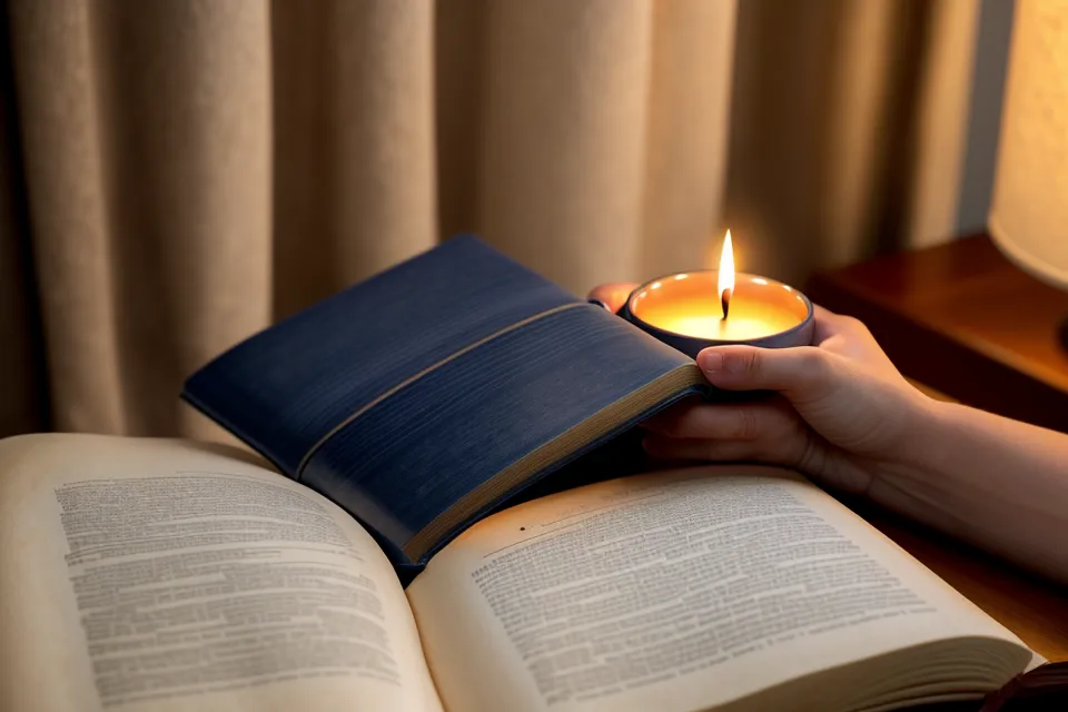 Lecture d'un livre papier sous une lumière tamisée avec un téléphone écarté.