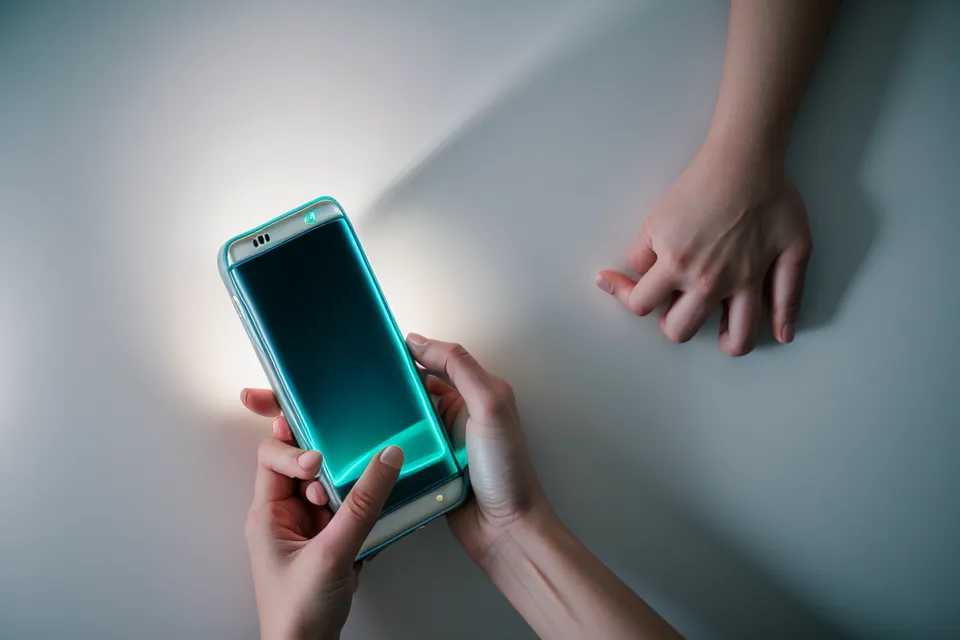 Gros plan sur des mains tenant un smartphone dans le noir projetant une lueur bleue